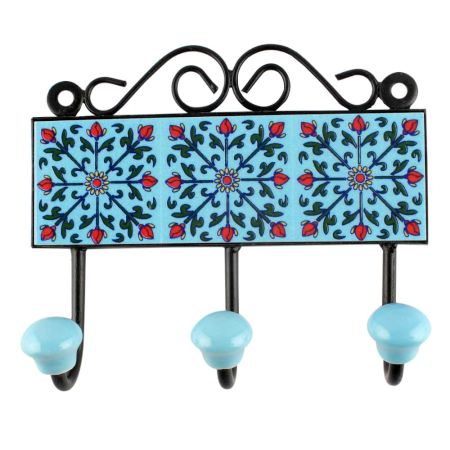 Turquoise Floral Ceramic Tile Hook
